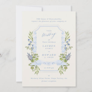 blue and greenery garden crest wreath wedding invitation
