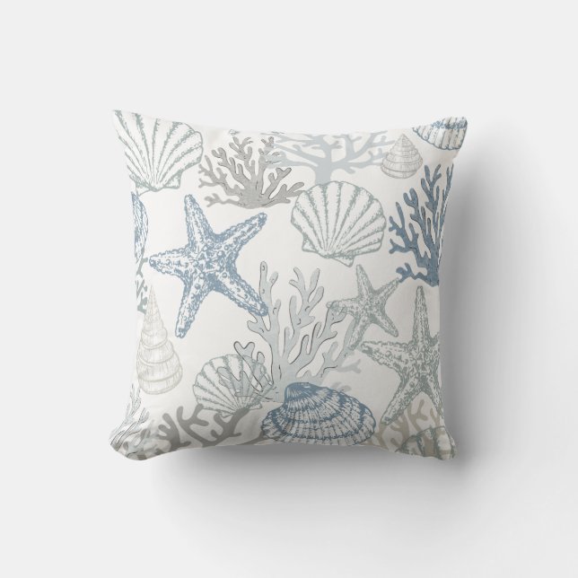 Blue And Grey Beachy Starfish Seashell Pattern Throw Pillow (Front)