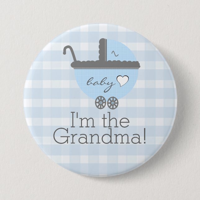 Blue and Grey Carriage Gingham Baby Shower Grandma Button (Front)