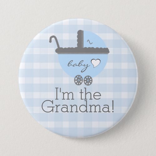 Blue and Grey Carriage Gingham Baby Shower Grandma Button
