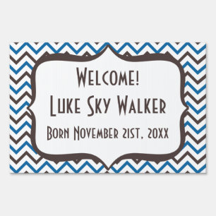Blue and Grey Chevron Birth Annoucement Sign
