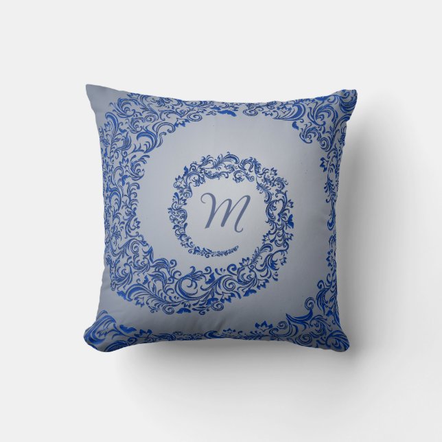 Blue and Grey Damask Monogram Throw Pillow (Front)