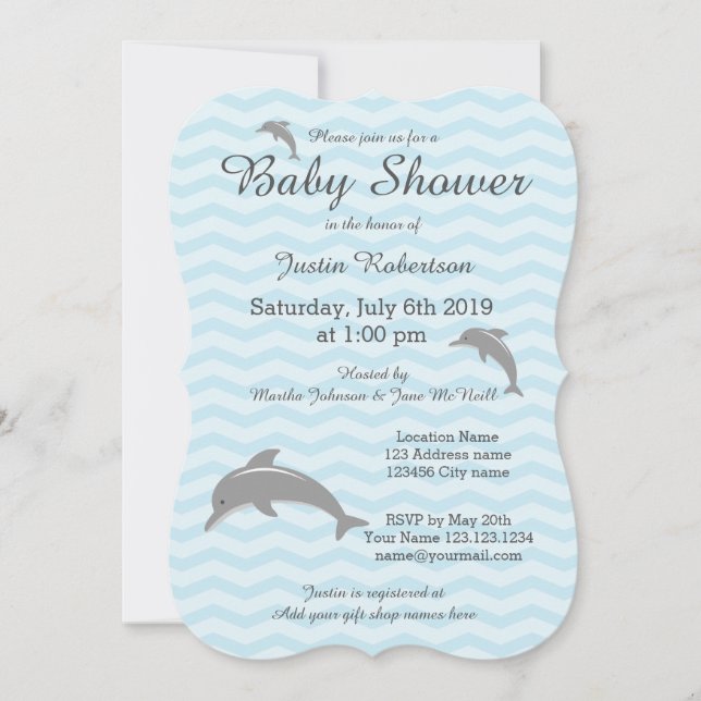 Blue and grey dolphin baby shower invitations (Front)