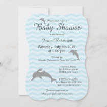 Blue and grey dolphin baby shower invitations