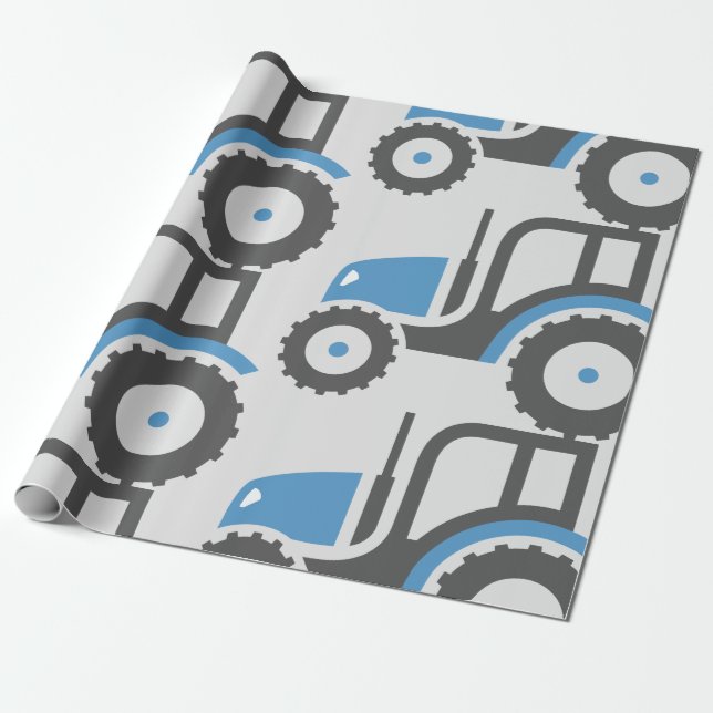 Blue and Grey Farm Tractor Icon Wrapping Paper (Unrolled)