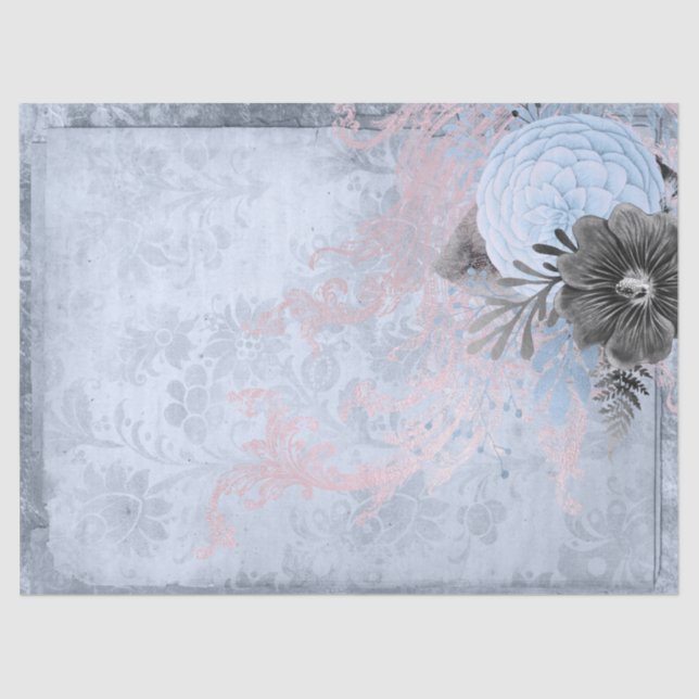 Blue and Grey Floral Decoupage Tissue Paper (Front)
