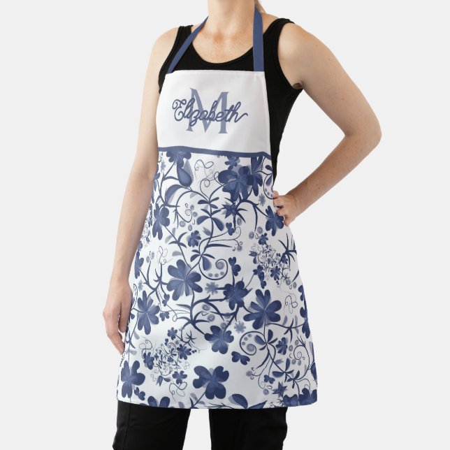 Blue and Grey Floral Monogram Apron (Insitu)