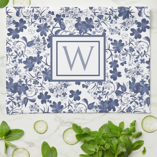 Blue and Grey Floral Monogram Kitchen Towel (Folded)