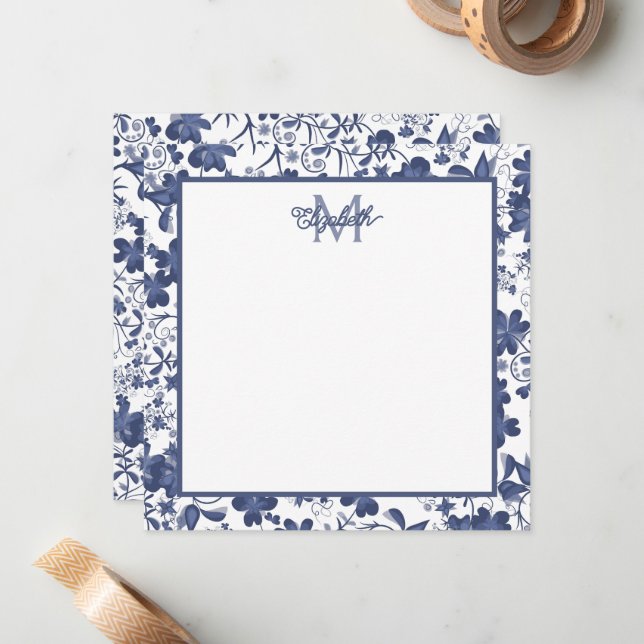Blue and Grey Floral Monogram Note Card (Front/Back In Situ)