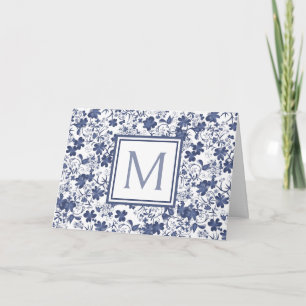 Blue and Grey Floral Monogram Note Card