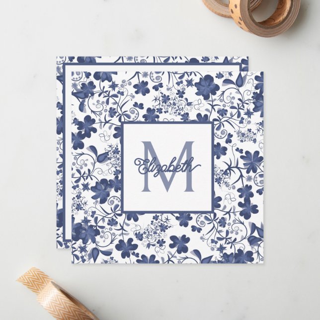 Blue and Grey Floral Monogram Note Card (Front/Back In Situ)