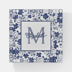 Blue and Grey Floral Monogram Paperweight