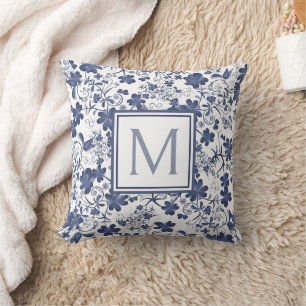 Blue and Grey Floral Monogram Throw Pillow