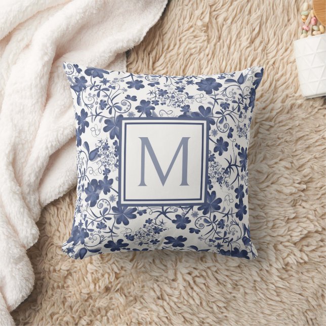 Blue and Grey Floral Monogram Throw Pillow (Blanket)
