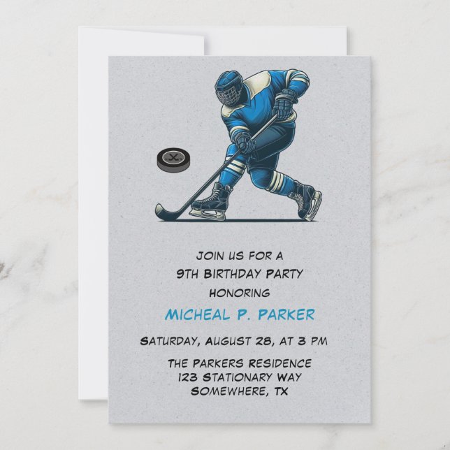 Blue and Grey Hockey Player Birthday Party Invitation (Front)