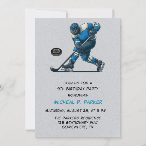 Blue and Grey Hockey Player Birthday Party Invitation