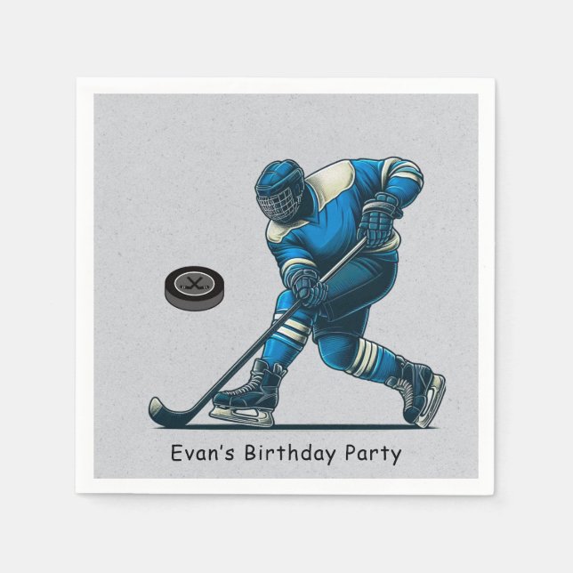 Blue and Grey Hockey Player Birthday Party Napkins (Front)