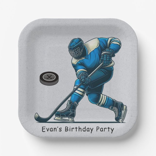 Blue and Grey Hockey Player Birthday Party Paper Plates (Front)