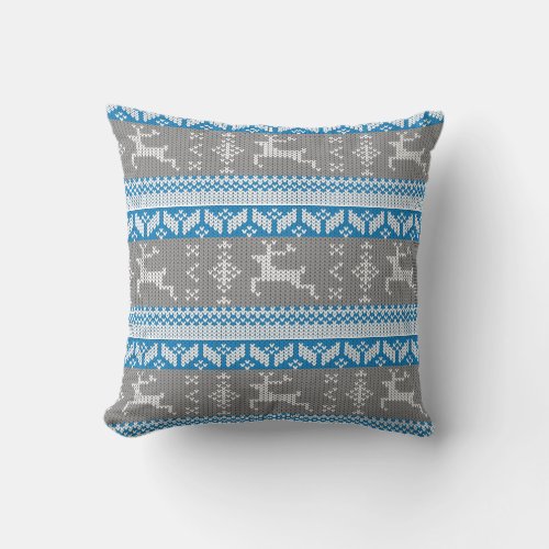 Blue and Grey Norwegian Alpine Christmas Deer Throw Pillow