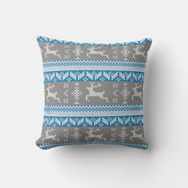 Blue and Grey Norwegian Alpine Christmas Deer Throw Pillow (Front)