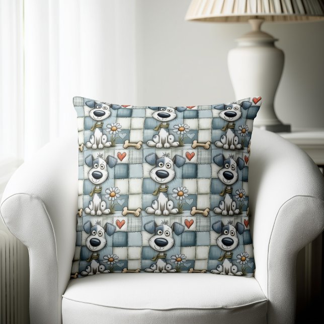 Blue and Grey Patchwork Dog Pattern Throw Pillow (Creator Uploaded)