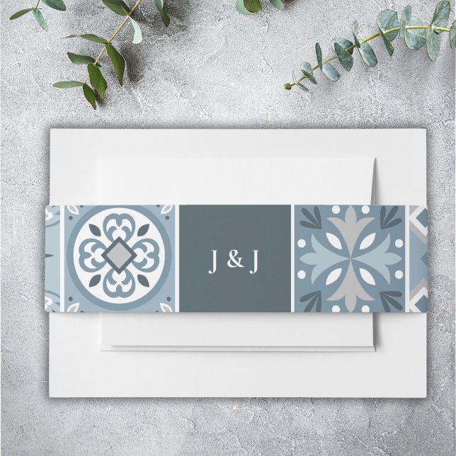 Blue and grey Spanish tiles Invitation Belly Band (Creator Uploaded)