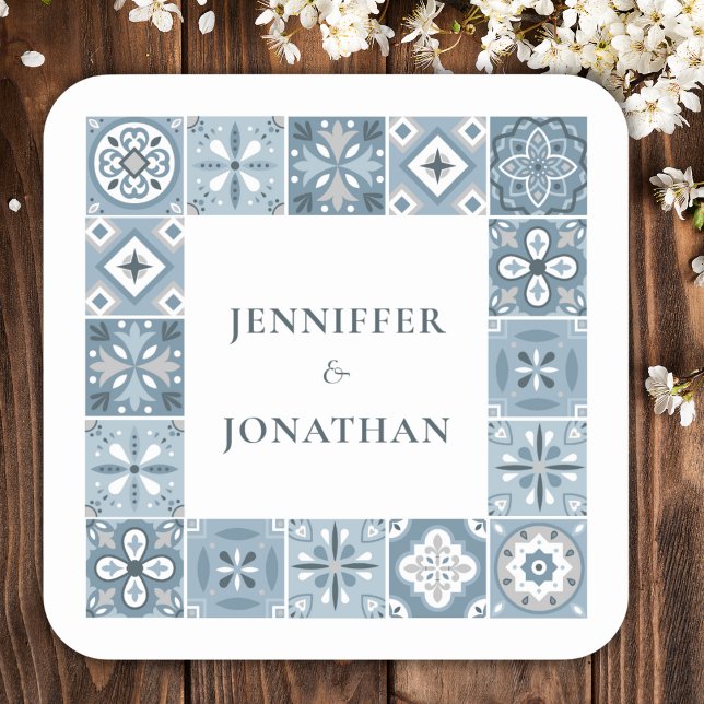Blue and grey Spanish tiles invitation Square Sticker (Creator Uploaded)