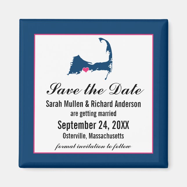 Blue and Hot Pink Cape Cod Map Save the Date Magnet (Front)