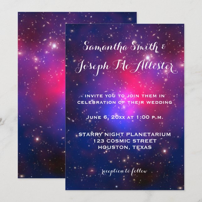 Blue and Hot Pink Galaxy Cluster Cosmic Wedding Invitation (Front/Back)