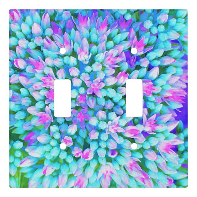 Blue and Hot Pink Succulent Sedum Flowers Detail Light Switch Cover (Front)