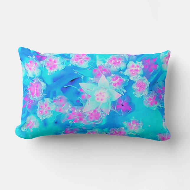 Blue and Hot Pink Succulent Underwater Sedum Lumbar Pillow (Front)
