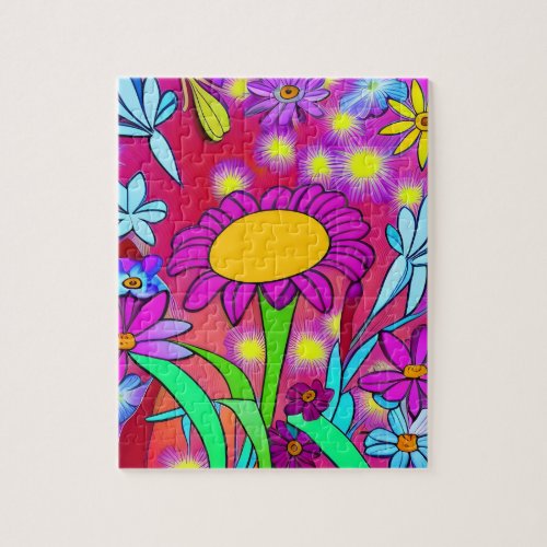 Blue and Hot Pink Wild Flowers Jigsaw Puzzle