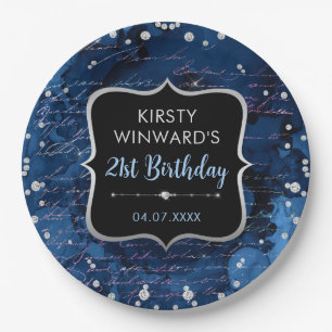 Blue and Iridescent Glitter Letters Birthday Paper Plates
