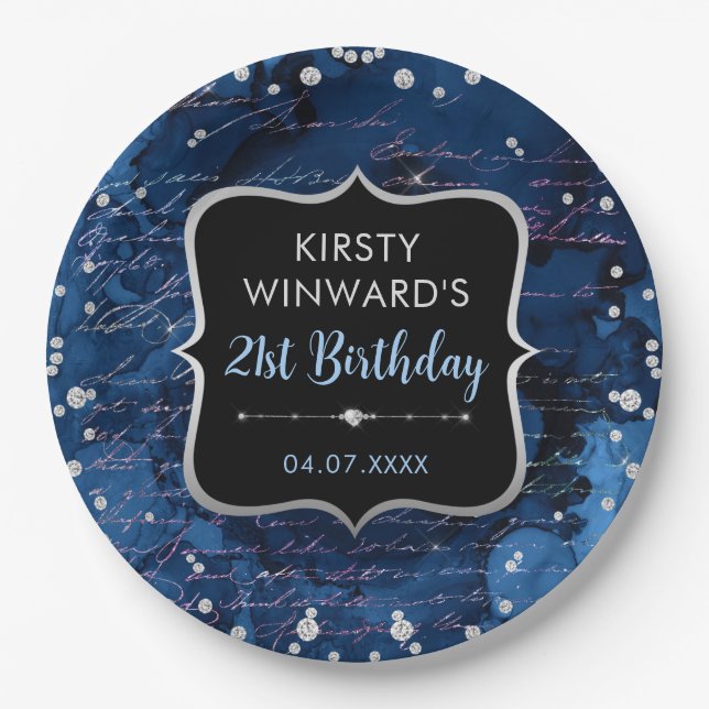 Blue and Iridescent Glitter Letters Birthday Paper Plates (Front)