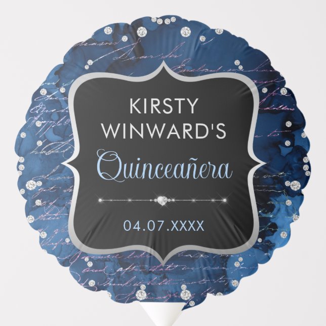 Blue and Iridescent Glitter Letters Quinceanera Balloon (Front)