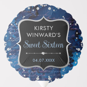 Blue and Iridescent Glitter Letters Sweet 16 Balloon