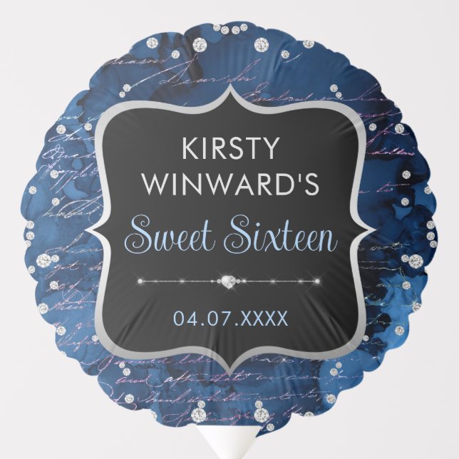 Blue and Iridescent Glitter Letters Sweet 16 Balloon (Front)