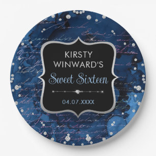 Blue and Iridescent Glitter Letters Sweet 16 Paper Plates