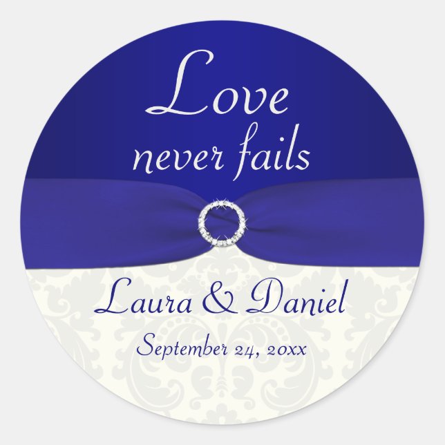 Blue and Ivory Damask 1.5" Round Wedding Sticker (Front)