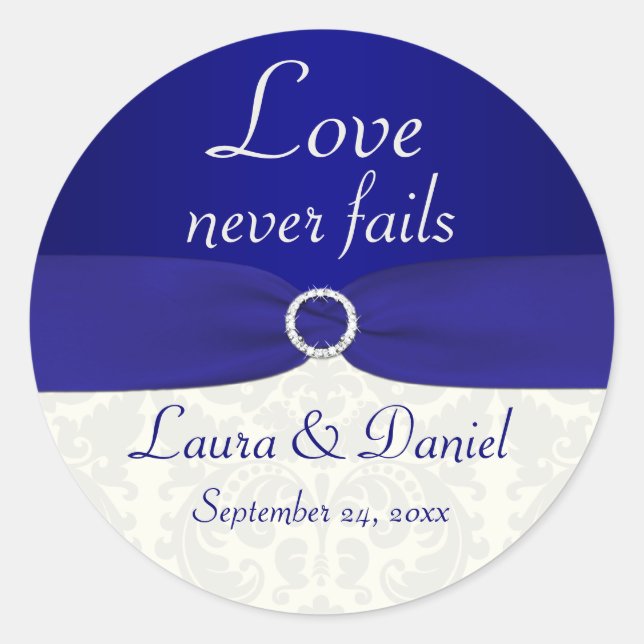 Blue and Ivory Damask 1.5" Round Wedding Sticker (Front)