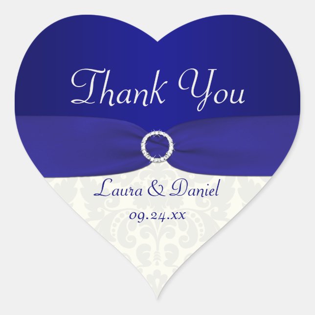 Blue and Ivory Damask Heart Shaped Wedding Sticker (Front)