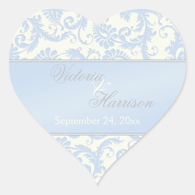 Blue and Ivory Damask Heart Shaped Wedding Sticker (Front)