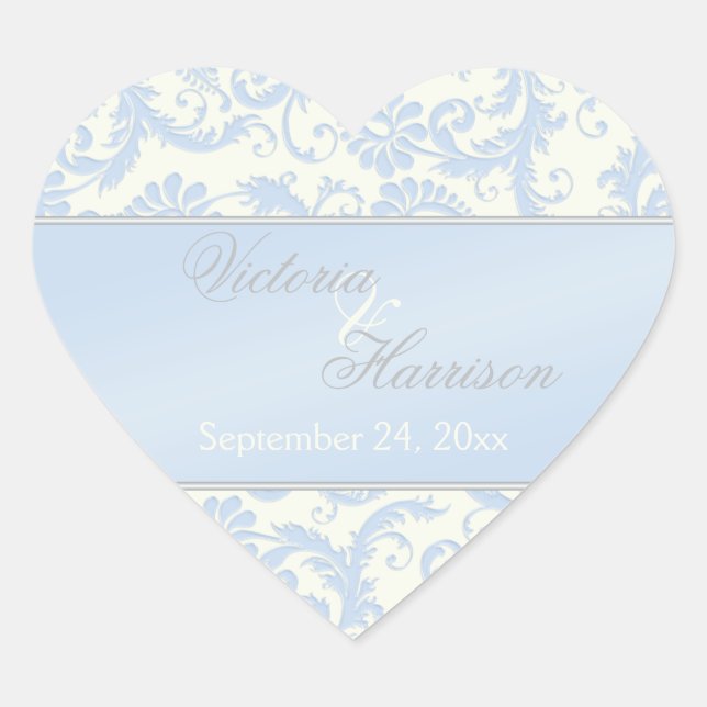 Blue and Ivory Damask Heart Shaped Wedding Sticker (Front)
