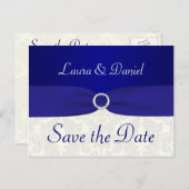 Blue and Ivory Damask Save the Date Postcard (Front/Back)