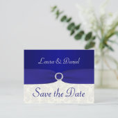 Blue and Ivory Damask Save the Date Postcard (Standing Front)