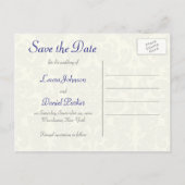Blue and Ivory Damask Save the Date Postcard (Back)