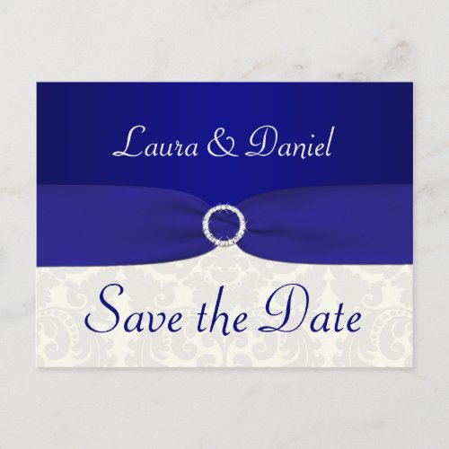 Blue and Ivory Damask Save the Date Postcard