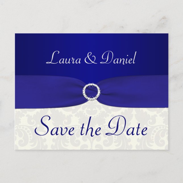 Blue and Ivory Damask Save the Date Postcard (Front)