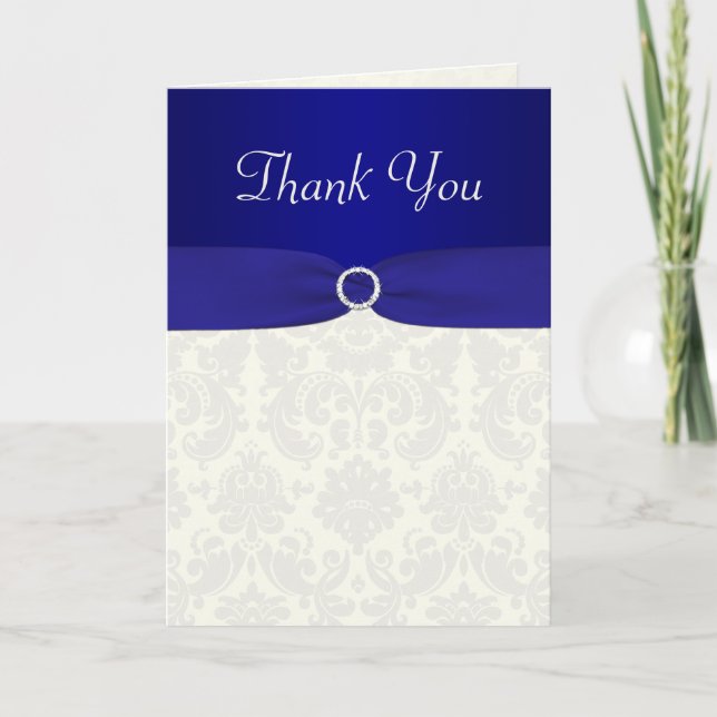 Blue and Ivory Damask Thank you Card (Front)