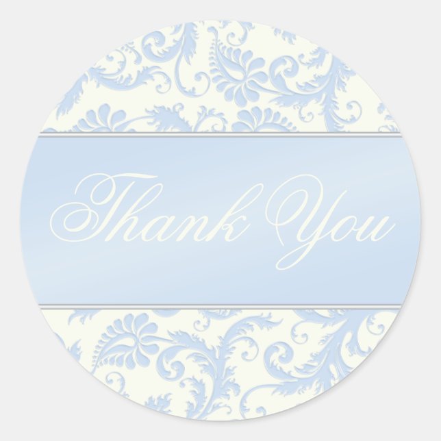 Blue and Ivory Damask Thank You Sticker (Front)